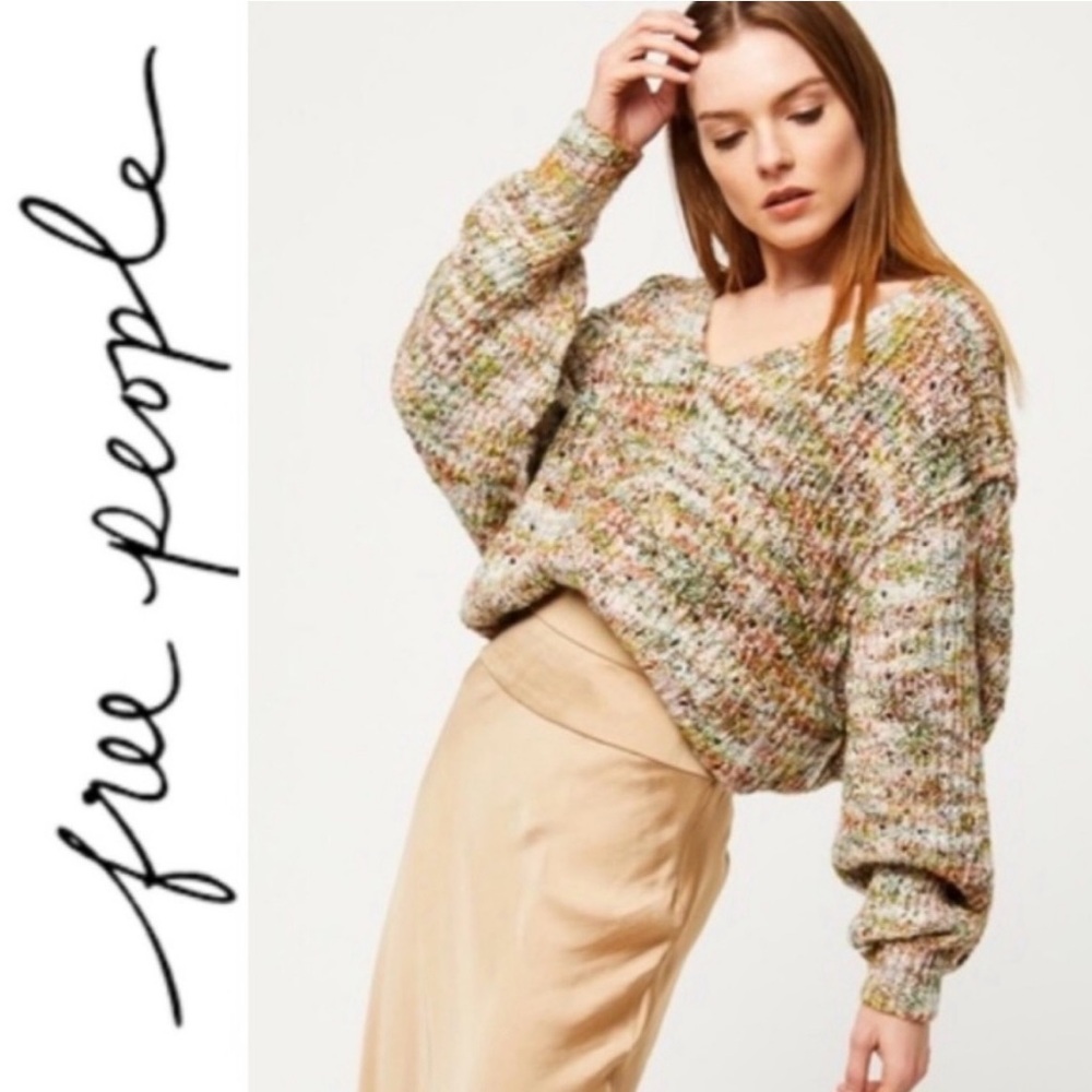 NWT Free People Highland Cable Knit Oversized Cropped V-Neck Mendocino Sweater